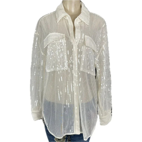 House Of Harlow 1960 M Cream Sheer Mesh Sequin Button Collar Long Sleeve Blouse - Picture 2 of 6